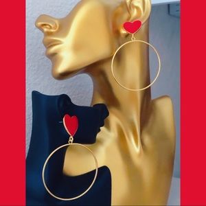 Red Heart Enamel Drop Hoop Lightweight Earrings